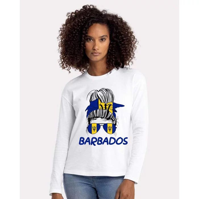 Barbados Girl Messy Bun Barbados Flag Barbadian Women Womens Cotton Relaxed Long Sleeve T-Shirt