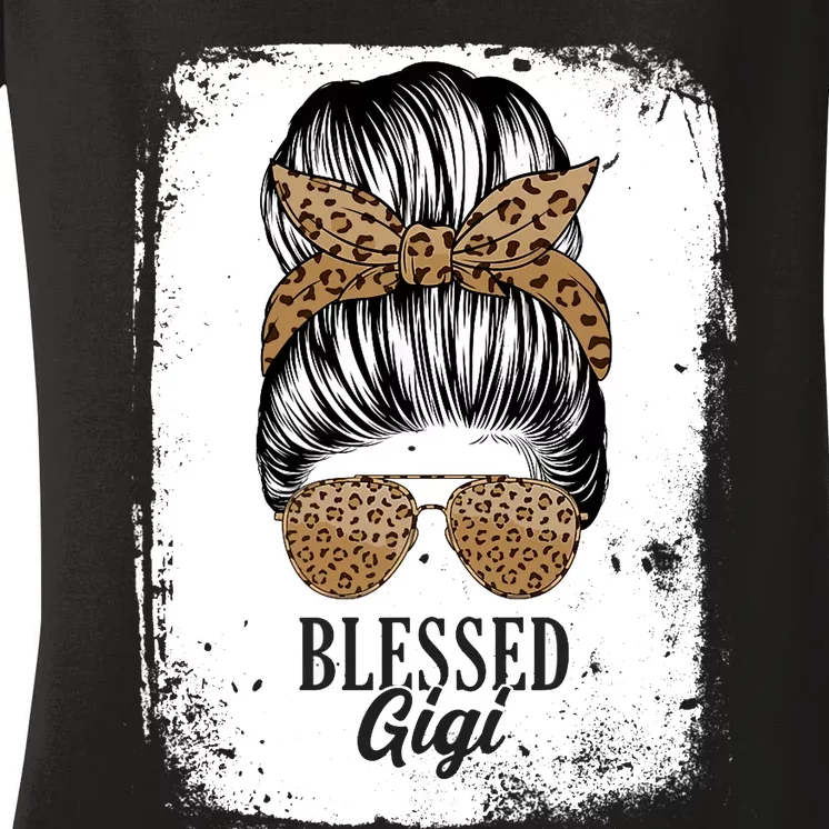 Blessed Gigi Messy Hair Bun Leopard Pattern Mother's Day Women's V-Neck T-Shirt