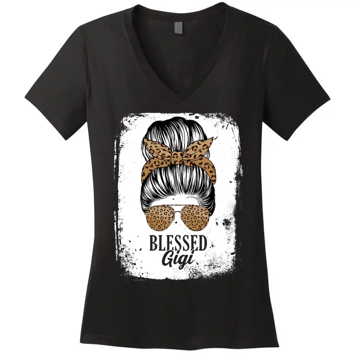 Blessed Gigi Messy Hair Bun Leopard Pattern Mother's Day Women's V-Neck T-Shirt