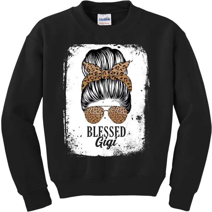 Blessed Gigi Messy Hair Bun Leopard Pattern Mother's Day Kids Sweatshirt