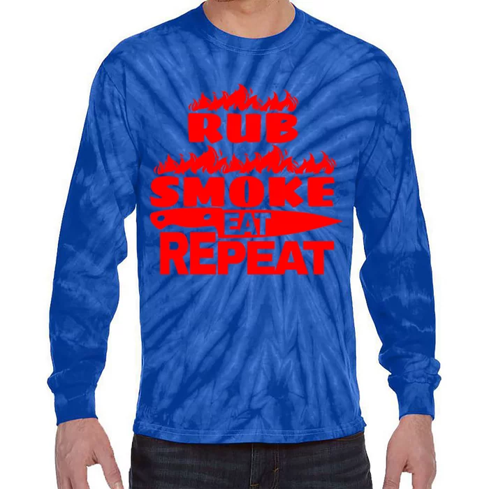 Bbq Gift Print Grilling Rub Smoke Eat Repeat Gift Tie-Dye Long Sleeve Shirt