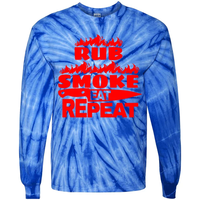 Bbq Gift Print Grilling Rub Smoke Eat Repeat Gift Tie-Dye Long Sleeve Shirt