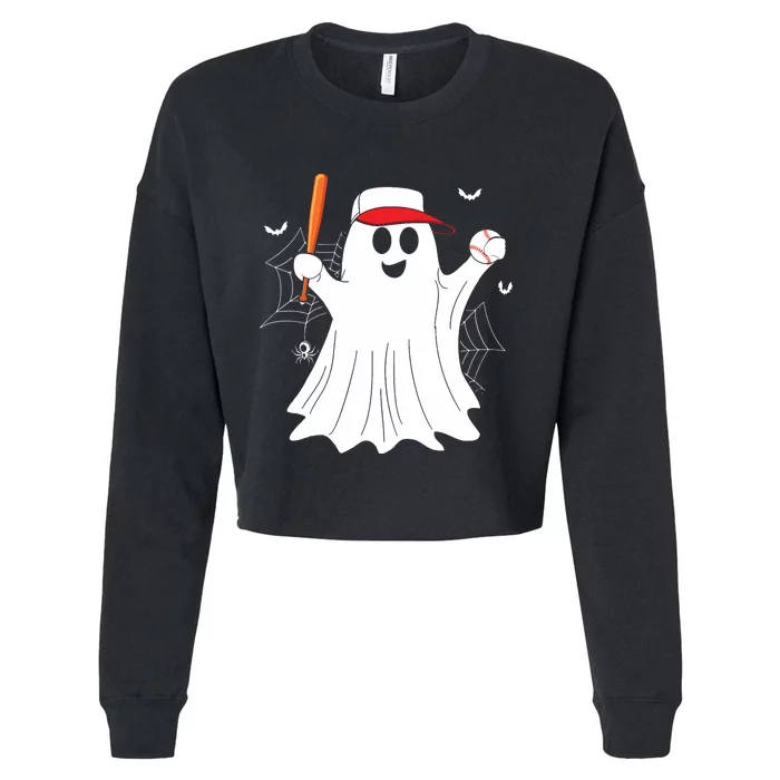 Boo Ghost Playing Baseball Funny Halloween Baseball Costume Cropped Pullover Crew