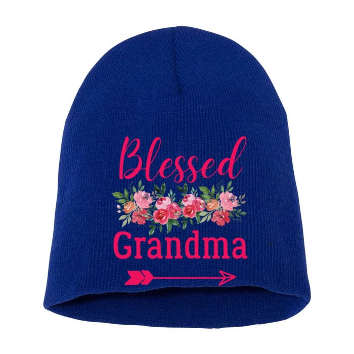 Blessed Grandma Pink Watercolor Flower Bouquet Funny Gift Short Acrylic Beanie