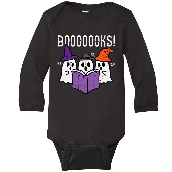 Boooks Ghosts Reading Book Retro Halloween Teacher Librarian Baby Long Sleeve Bodysuit