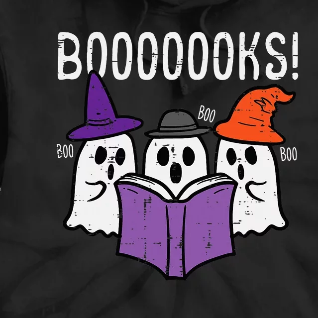 Boooks Ghosts Reading Book Retro Halloween Teacher Librarian Tie Dye Hoodie