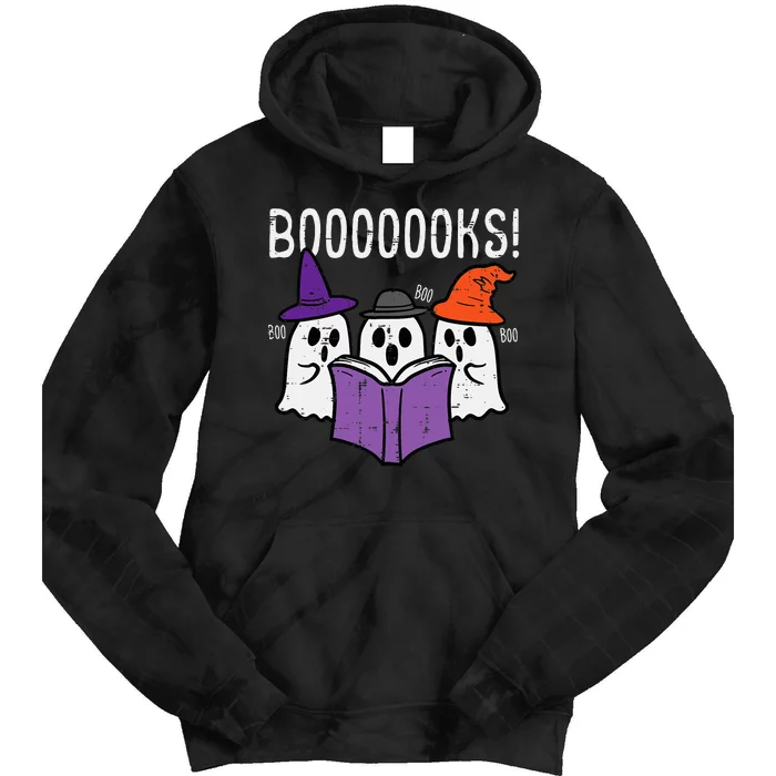 Boooks Ghosts Reading Book Retro Halloween Teacher Librarian Tie Dye Hoodie