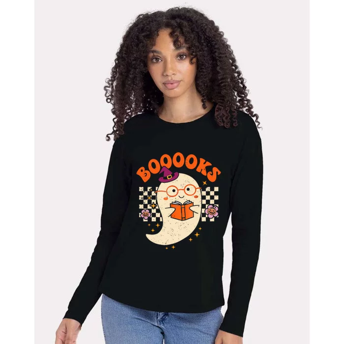 Books Ghost Reading Boooks Retro Groovy Halloween Teacher Gift Womens Cotton Relaxed Long Sleeve T-Shirt