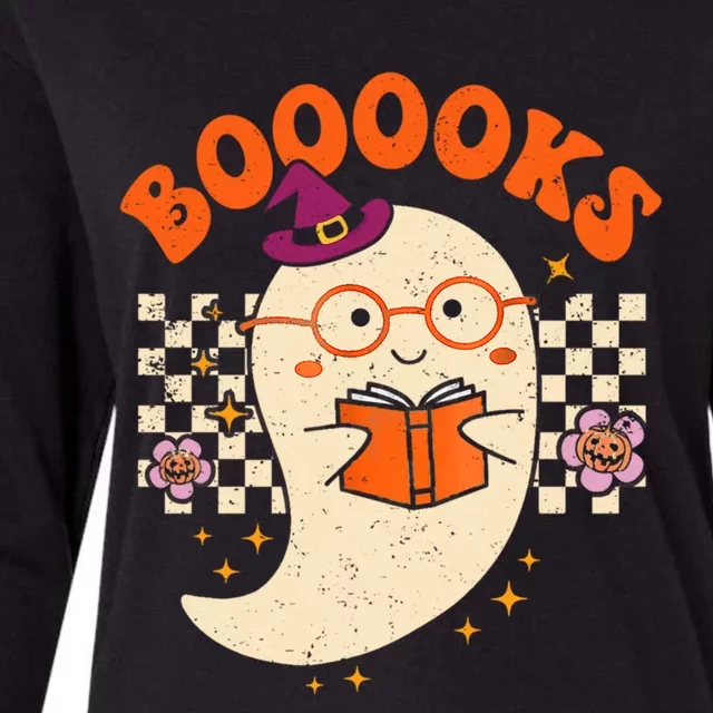 Books Ghost Reading Boooks Retro Groovy Halloween Teacher Gift Womens Cotton Relaxed Long Sleeve T-Shirt