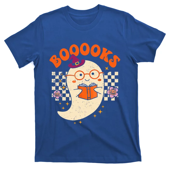 Books Ghost Reading Boooks Retro Groovy Halloween Teacher Gift T-Shirt