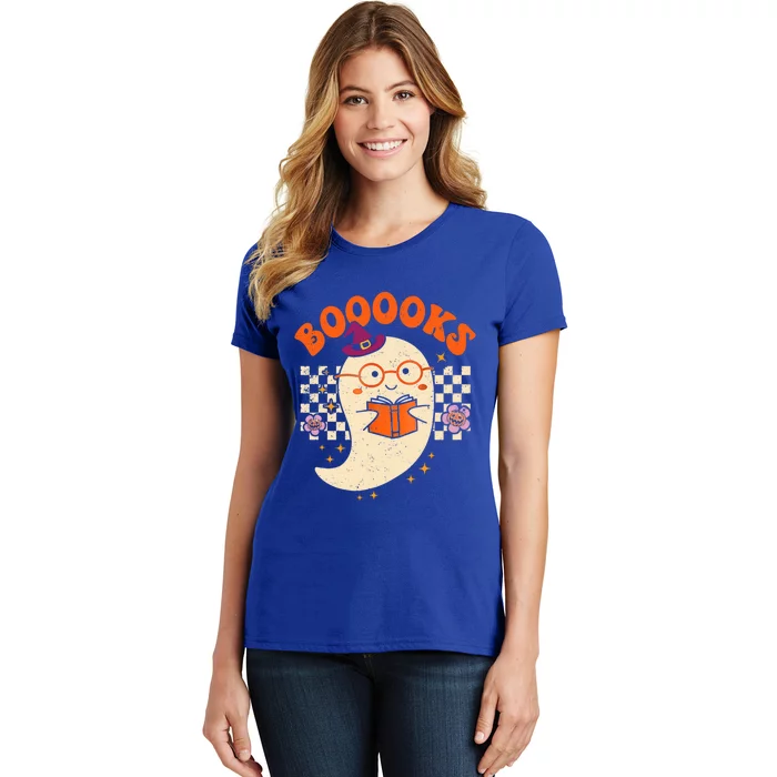 Books Ghost Reading Boooks Retro Groovy Halloween Teacher Gift Women's T-Shirt