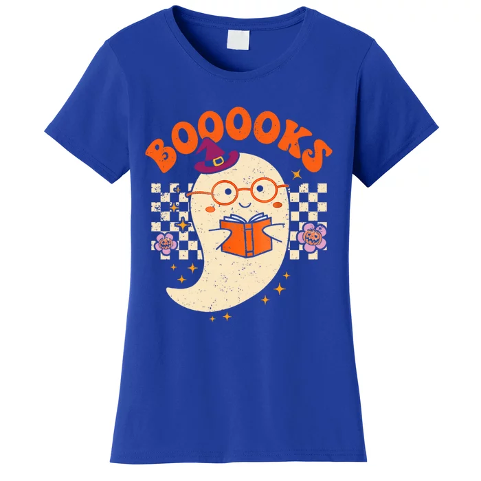 Books Ghost Reading Boooks Retro Groovy Halloween Teacher Gift Women's T-Shirt