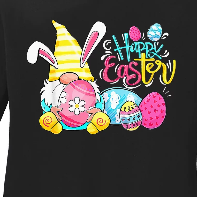 Bunny Gnome Rabbit Eggs Hunting Happy Easter Day Funny Ladies Long Sleeve Shirt