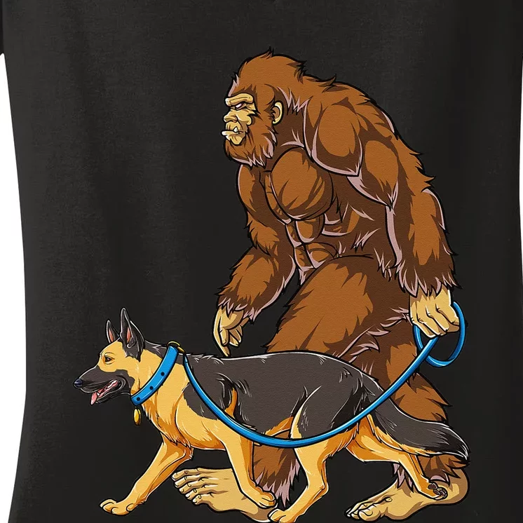 Bigfoot German Shepherd Dog Walk Funny Sasquatch Lovers Women's V-Neck T-Shirt