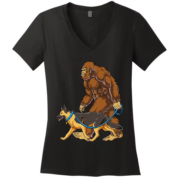 Bigfoot German Shepherd Dog Walk Funny Sasquatch Lovers Women's V-Neck T-Shirt