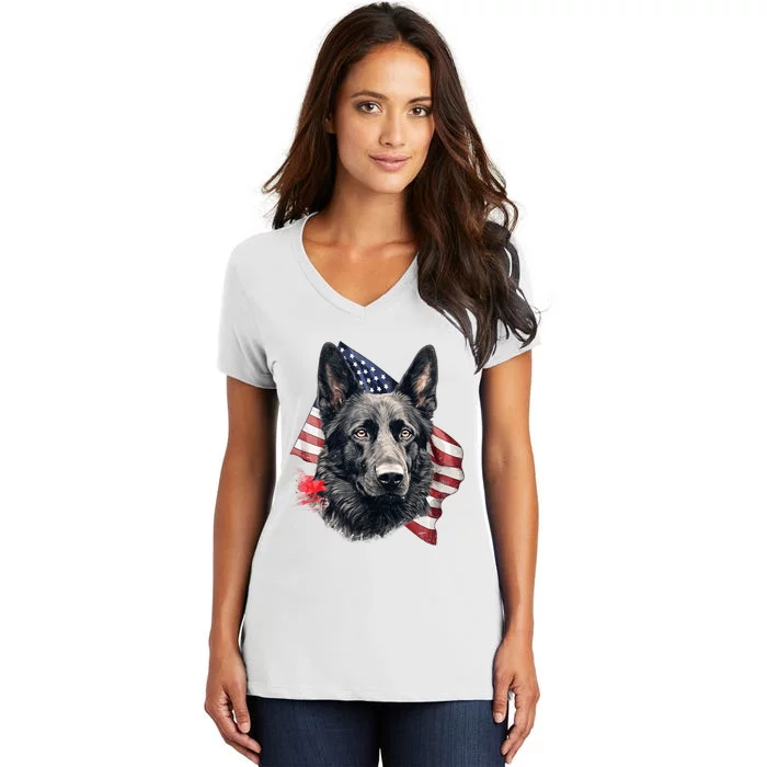 Black German Shepherd 4th Of July Dog Lover American Flag Women's V-Neck T-Shirt