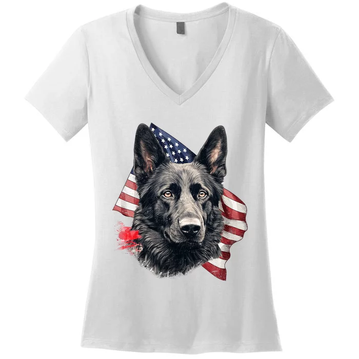 Black German Shepherd 4th Of July Dog Lover American Flag Women's V-Neck T-Shirt