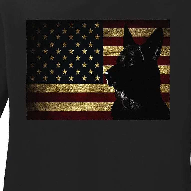 Black German Shepherd American Flag 4th July GSD Dog Ladies Long Sleeve Shirt