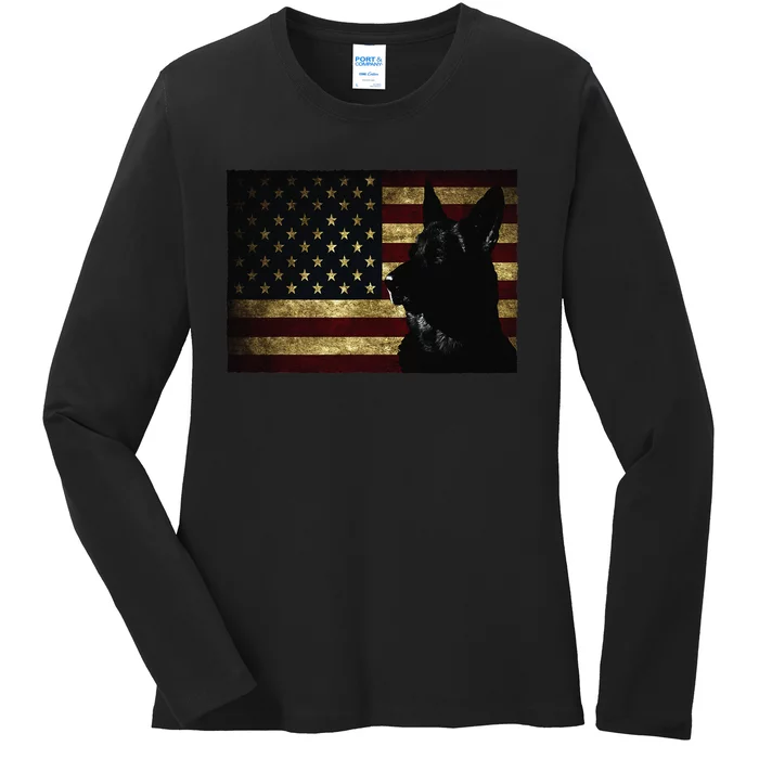 Black German Shepherd American Flag 4th July GSD Dog Ladies Long Sleeve Shirt