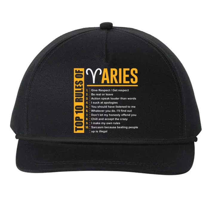 Birthday Gifts Top 10 Rules Of Aries Zodiac Snapback Five-Panel Rope Hat