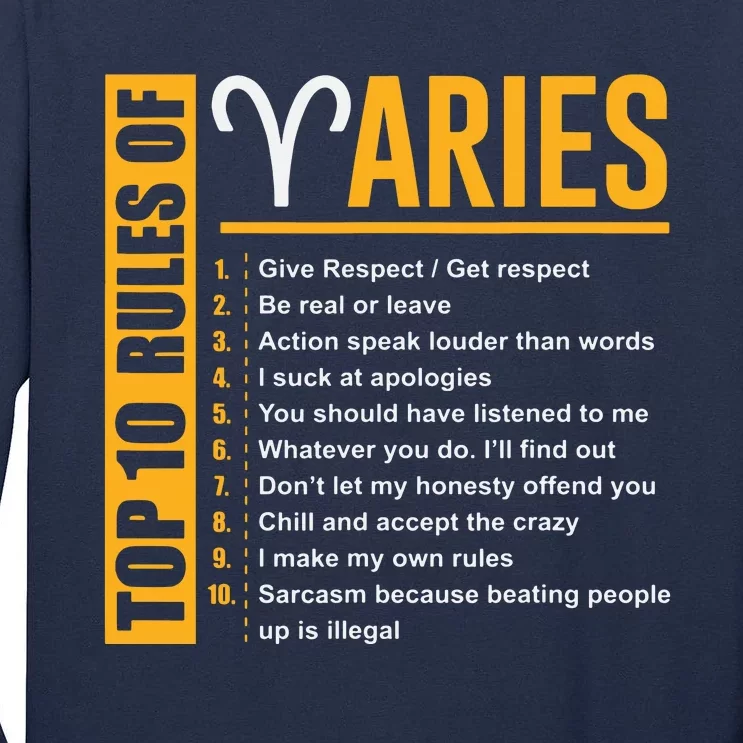 Birthday Gifts Top 10 Rules Of Aries Zodiac Tall Long Sleeve T-Shirt