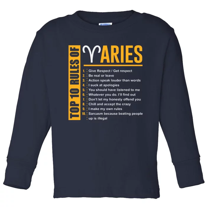 Birthday Gifts Top 10 Rules Of Aries Zodiac Toddler Long Sleeve Shirt