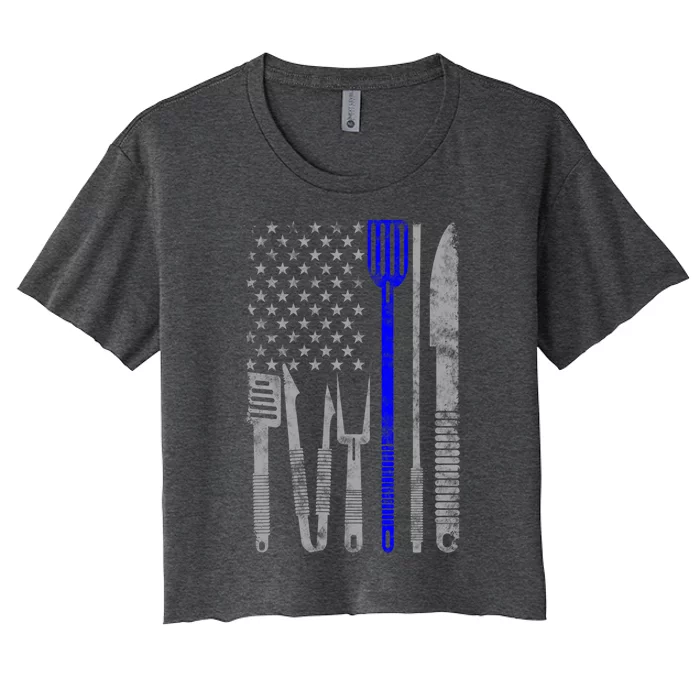 Bbq Grill Thin Blue Line American Flag Gift For Chef Gift Women's Crop Top Tee