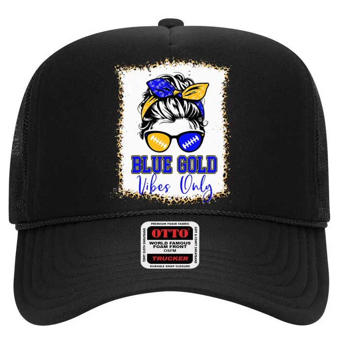 Blue Gold Vibes Only Football Women Leopard Football High Crown Mesh Trucker Hat