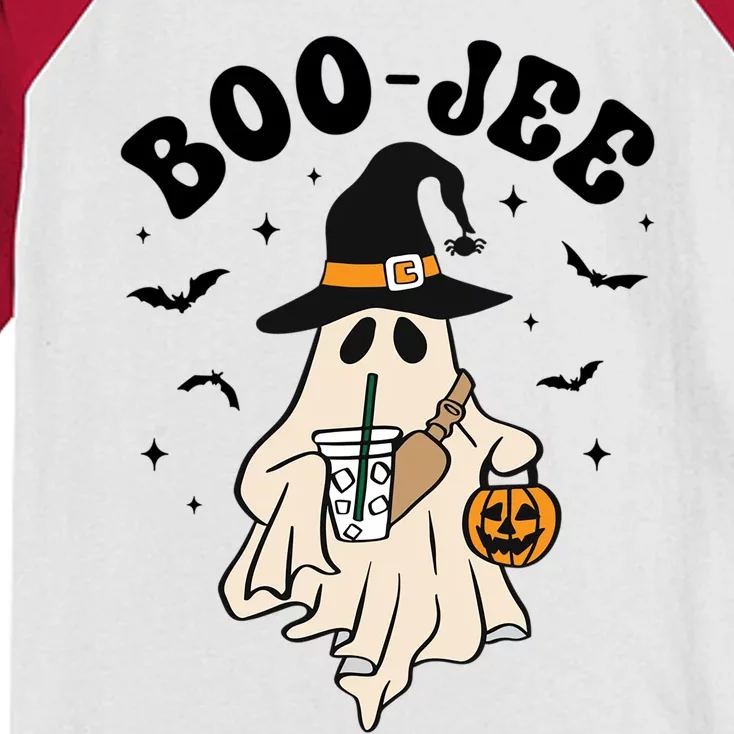 Boojee Ghost With Coffee In Witch Hat Halloween Ghost Boo Gift Kids Colorblock Raglan Jersey