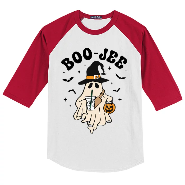 Boojee Ghost With Coffee In Witch Hat Halloween Ghost Boo Gift Kids Colorblock Raglan Jersey