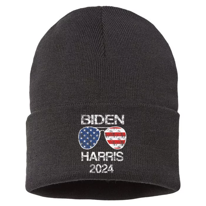 Biden Harris 2024 Retro Vintage American Flag Sunglasses Sustainable Knit Beanie