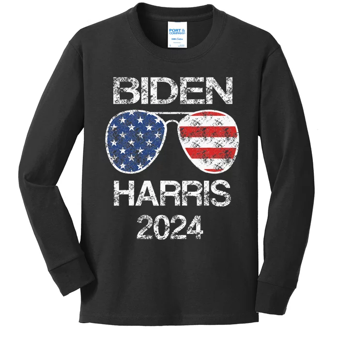 Biden Harris 2024 Retro Vintage American Flag Sunglasses Kids Long Sleeve Shirt