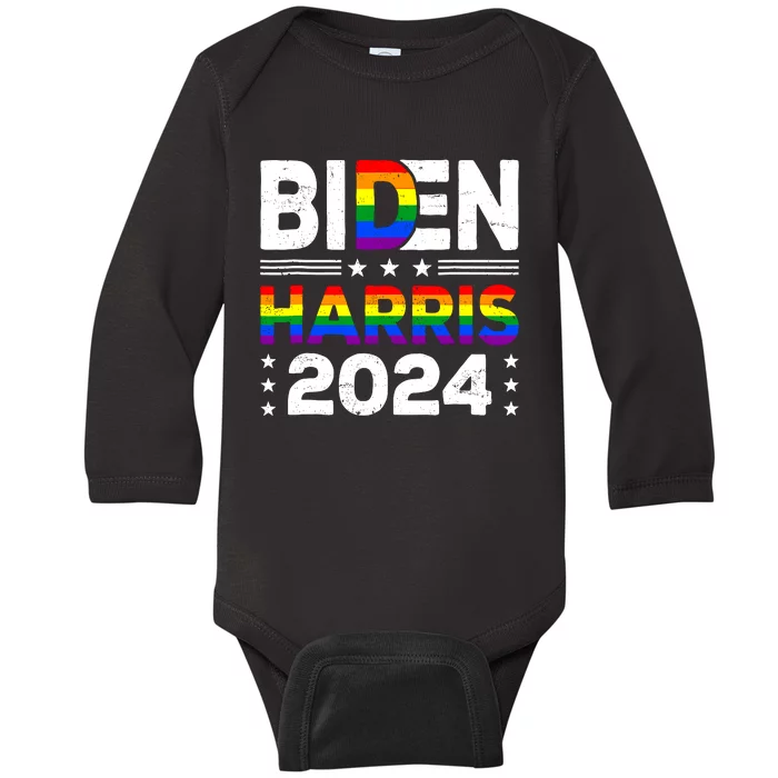 Biden Harris 2024 Rainbow Flag Gay Pride Lgbt Democrat Baby Long Sleeve Bodysuit