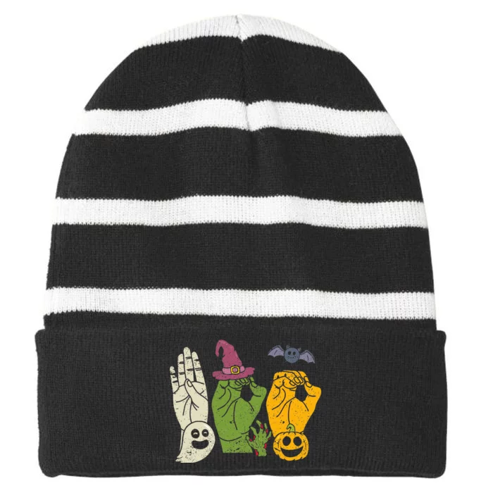 Boo Hands American Sign Language Pride Asl Halloween Witch Striped Beanie with Solid Band