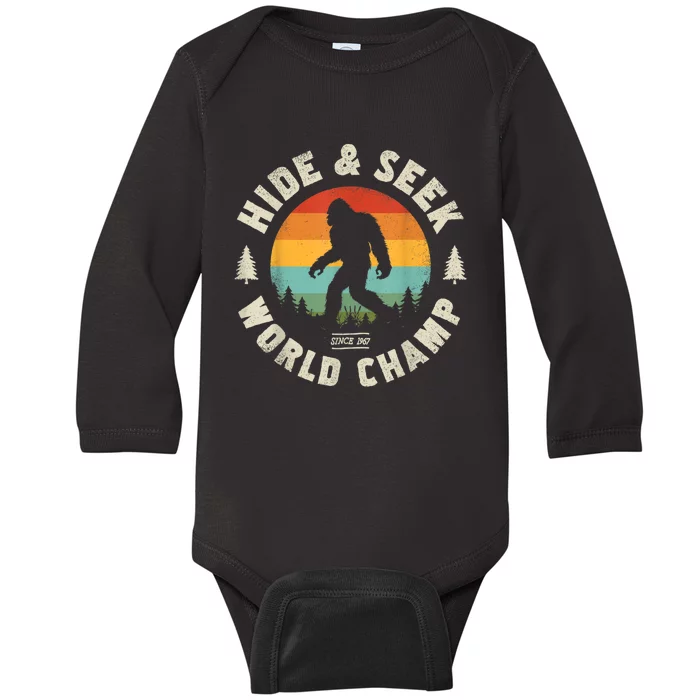 Bigfoot Hide And Seek World Champion Sasquatch Retro Vintage Baby Long Sleeve Bodysuit