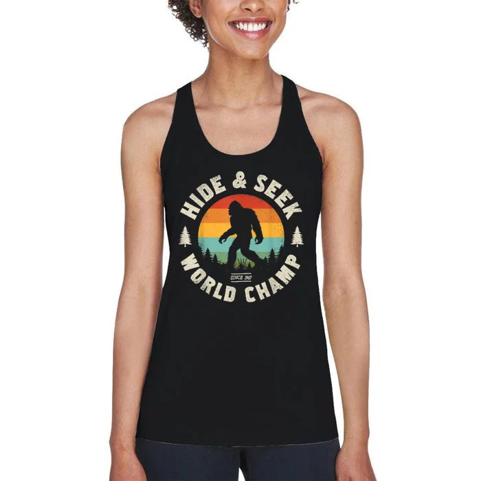 Bigfoot Hide And Seek World Champion Sasquatch Retro Vintage Women's Racerback Tank