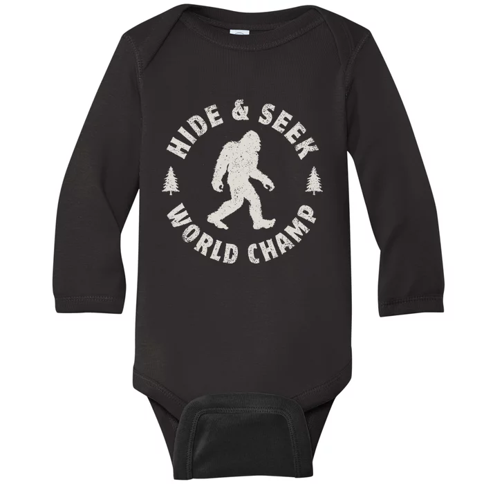 Bigfoot Hide And Seek World Champion Sasquatch Retro Vintage Baby Long Sleeve Bodysuit