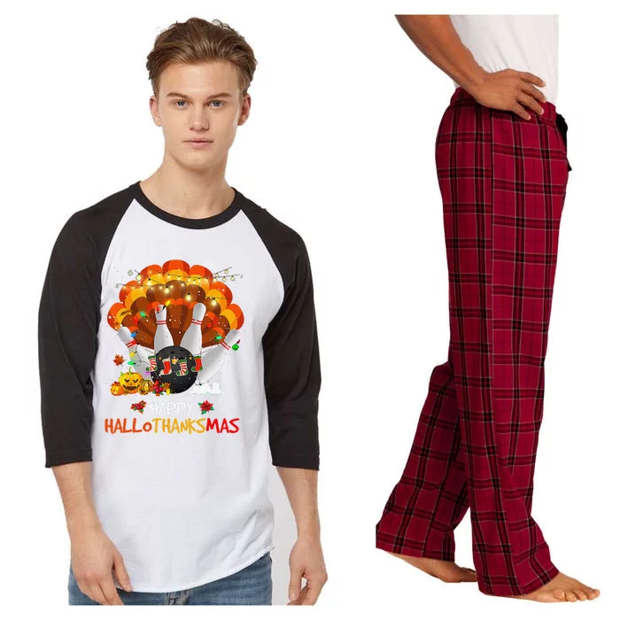 Bowling Halloween And Merry Christmas Happy Hallothanksmas Raglan Sleeve Pajama Set