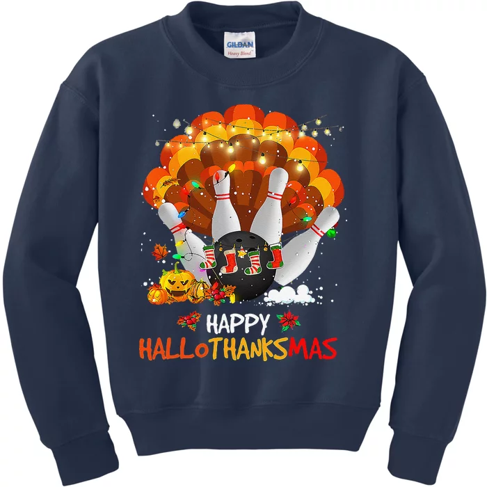 Bowling Halloween And Merry Christmas Happy Hallothanksmas Kids Sweatshirt