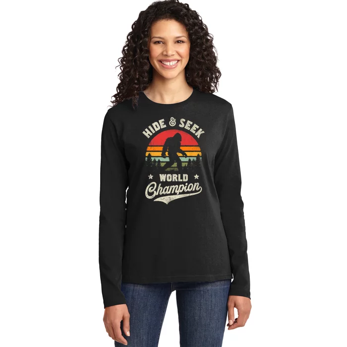 Bigfoot Hide And Seek World Champion Sasquatch Retro Vintage Ladies Long Sleeve Shirt