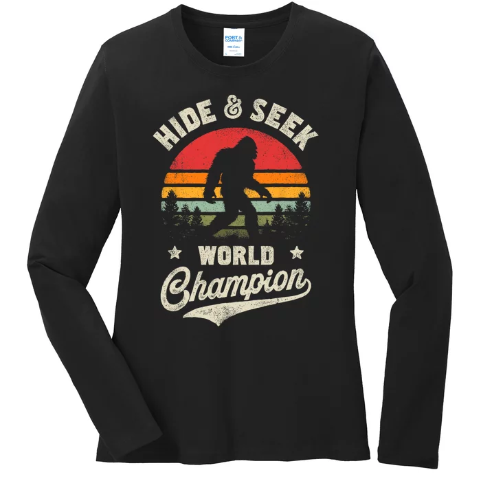 Bigfoot Hide And Seek World Champion Sasquatch Retro Vintage Ladies Long Sleeve Shirt