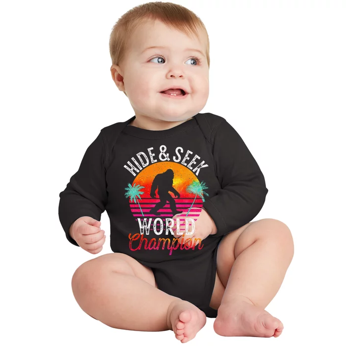 Bigfoot Hide And Seek World Champion Sasquatch Retro Vintage Baby Long Sleeve Bodysuit