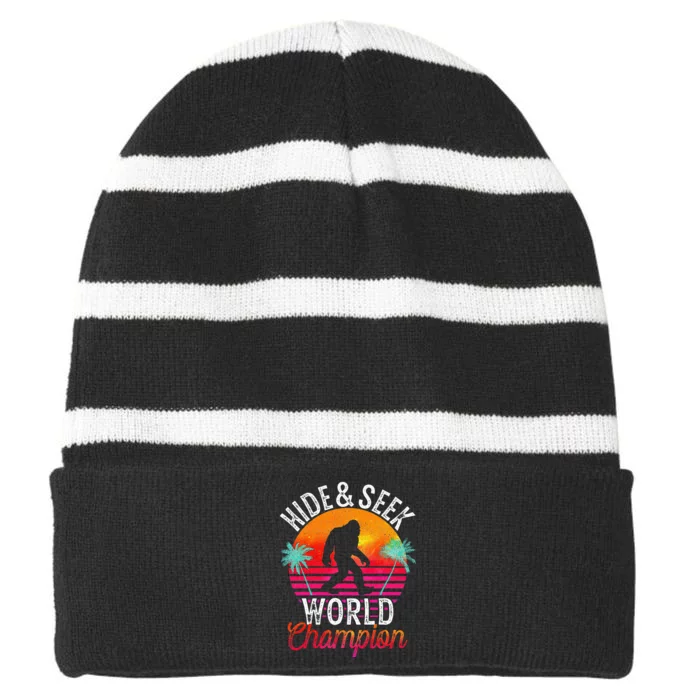 Bigfoot Hide And Seek World Champion Sasquatch Retro Vintage Striped Beanie with Solid Band