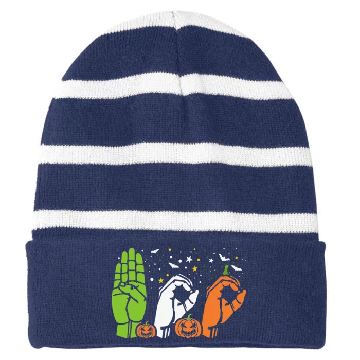 Boo Hands American Sign Language ASL Halloween Pride Striped Beanie with Solid Band