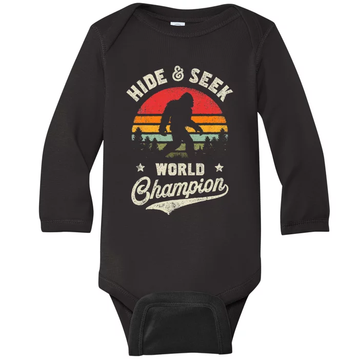 Bigfoot Hide And Seek World Champion Sasquatch Retro Vintage Baby Long Sleeve Bodysuit