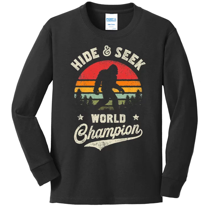 Bigfoot Hide And Seek World Champion Sasquatch Retro Vintage Kids Long Sleeve Shirt