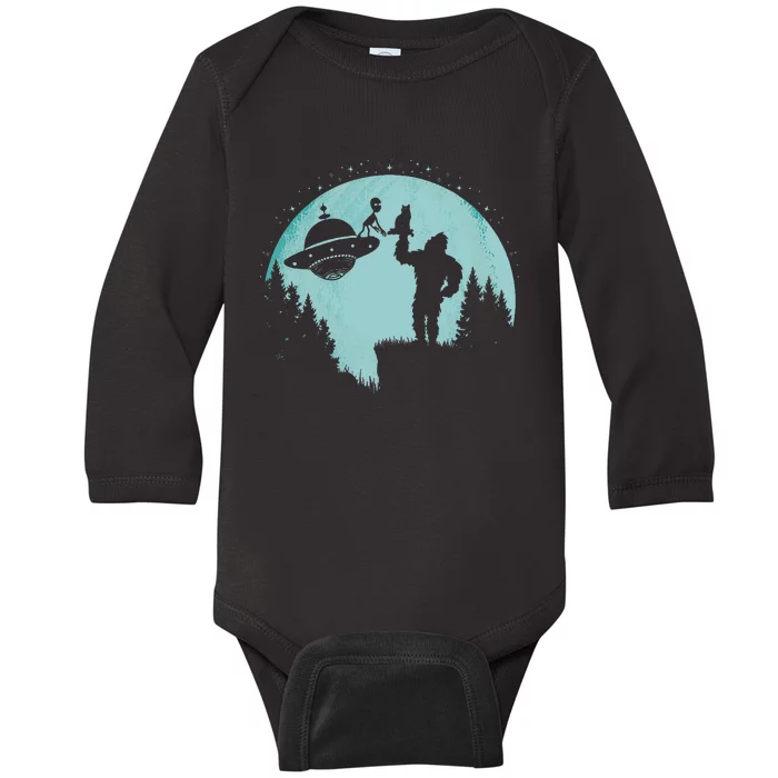 Bigfoot Holding A Cat Funny Alien Riding Ufo Sasquatch Cat Baby Long Sleeve Bodysuit