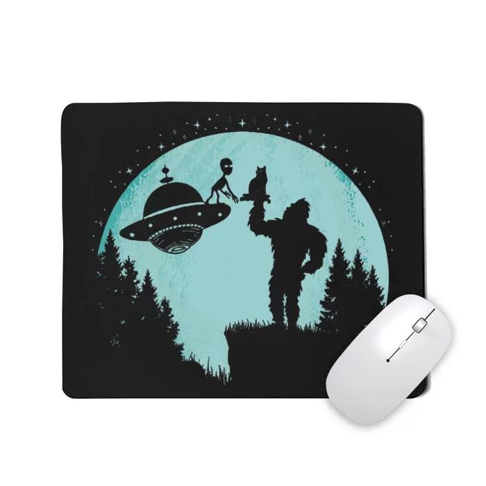 Bigfoot Holding A Cat Funny Alien Riding Ufo Sasquatch Cat Mousepad