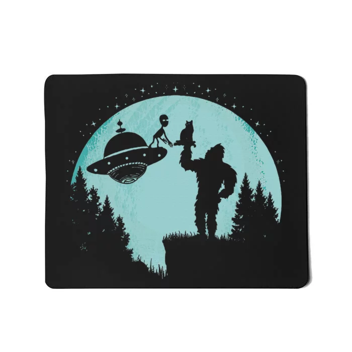 Bigfoot Holding A Cat Funny Alien Riding Ufo Sasquatch Cat Mousepad