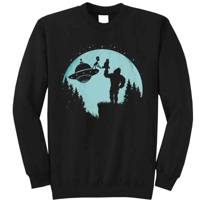 Bigfoot Holding A Cat Funny Alien Riding Ufo Sasquatch Cat Tall Sweatshirt